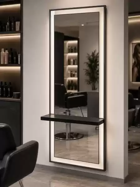Профессиональное зеркало с LED-освещением и консольной полкой для салона красоты
