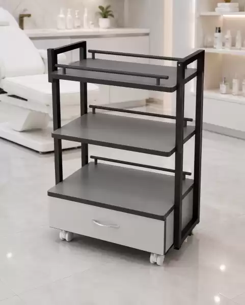 Тележка косметологическая Трио Black для аппаратов, 3 полки, ящик, на колёсах